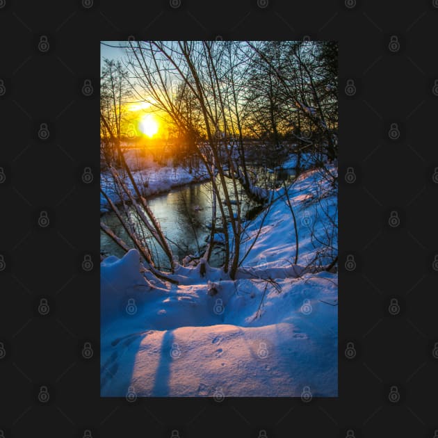 Snow falling on a river with snowy banks by Olga Berlet