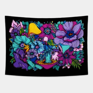 Psychedelic Garden - Flowers and Mushrooms Tapestry