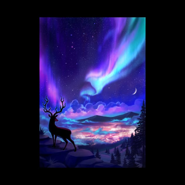 Deer Under Aurora Borealis by KucingKecil