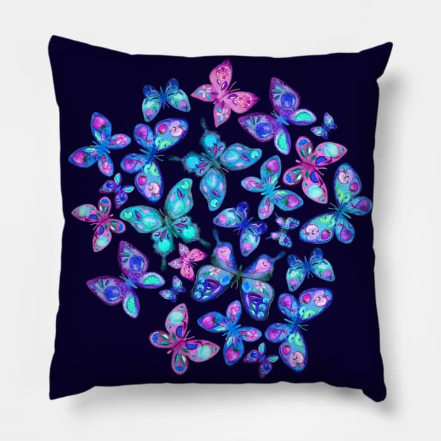 Watercolor Fruit Patterned Butterflies - aqua and sapphire Pillow by micklyn