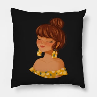 Girl character with a high bun lemon pattern Pillow
