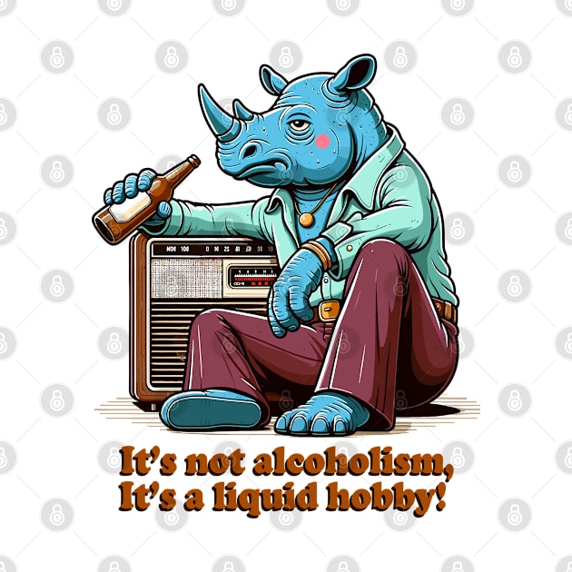 Retro Drunk Rhino Cartoon - 70s Party Animal with Vintage Radio and Humor Quote by TimeWarpWildlife