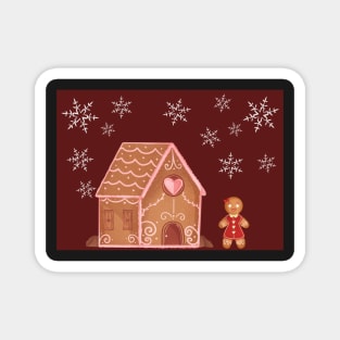 Festive gingerbread house and woman Magnet