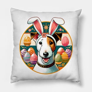 Smooth Fox Terrier Welcomes Easter with Bunny Ears Pillow