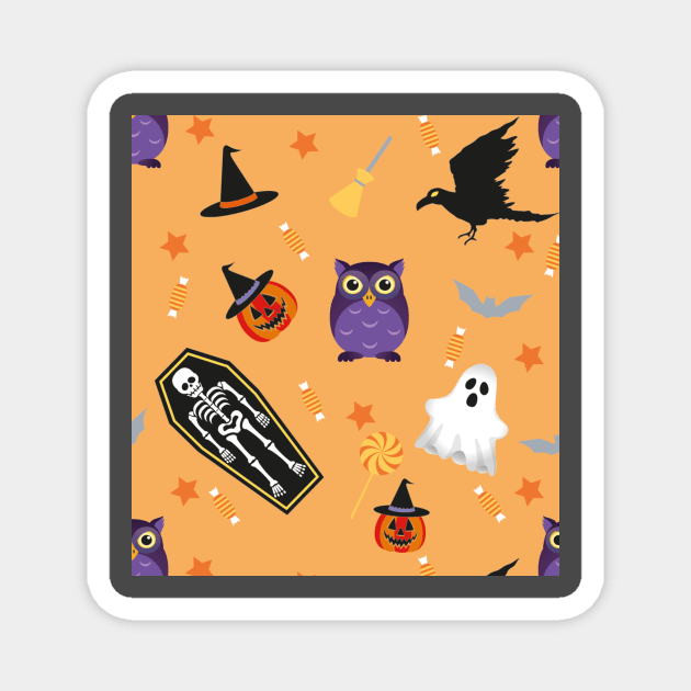 Halloween Pattern with ghost, hat , Human skeleton , owl, bat , candy, pumpkin ,Crows illustrations Magnet by MerchSpot