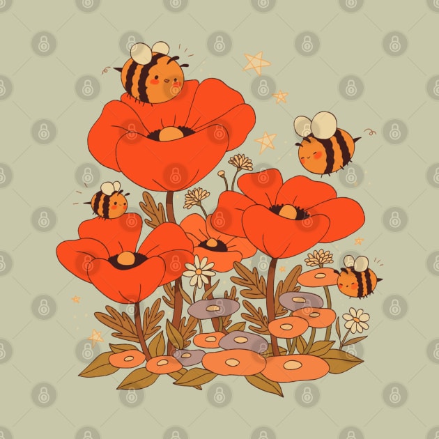 Cute bumblebees with poppy flowers vintage Cottagecore Aesthetic by YaraGold