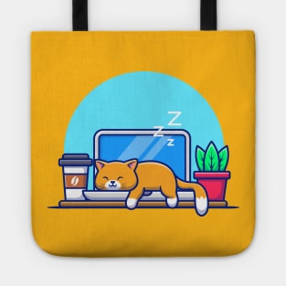 Cat Sleeping on laptop Cartoon Tote