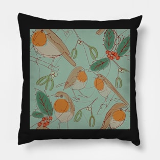 Robin, holly and mistletoe continuous line Pillow