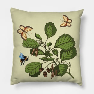 Botanical illustration of an alder plant, a butterfly and a bumblebee Pillow