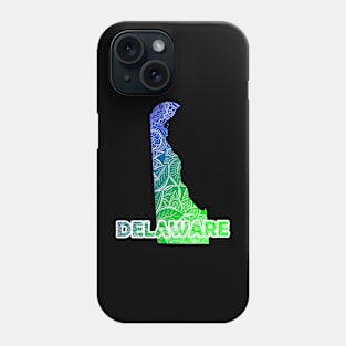 Colorful mandala art map of Delaware with text in blue and green Phone Case