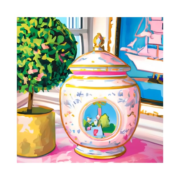 Pink chinoiserie jar in preppy interior by SophieClimaArt