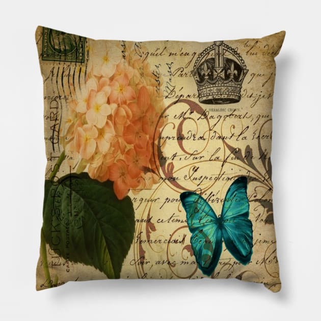 vintage french butterfly hydrangea floral botanical art Pillow by Tina