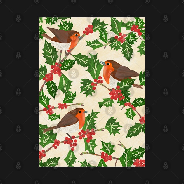 Three little paper cut robins on a holly bush by NattyDesigns