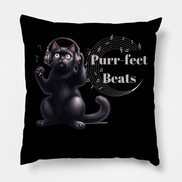 Funny Cat With Headphones Listening To Music Pillow by Positive Designer