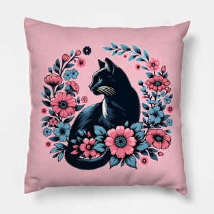 Black cat with flowers Pillow