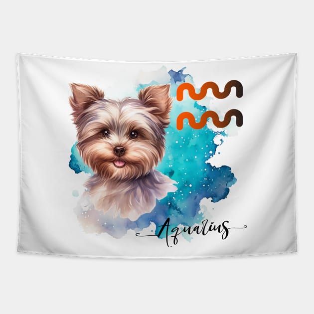 Aquarius  Zodiac Sign Cute Yorkie Watercolor Art Tapestry by AdrianaHolmesArt