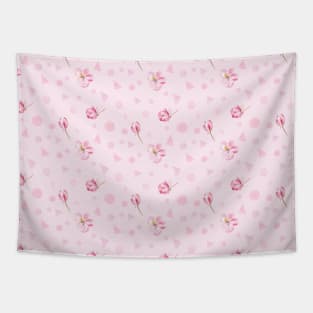 Spring apple blossom and geometric shapes on pink Tapestry