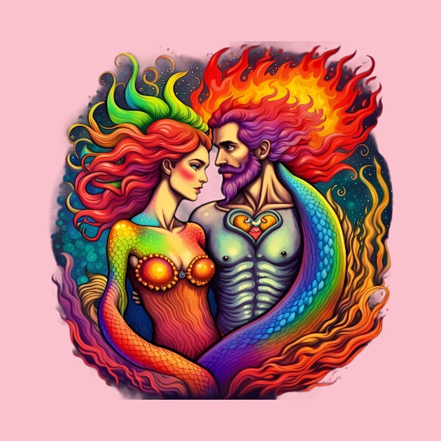 Sea Sirens' Shine - Elder Mermaid Couple in Flaming Rainbow by trubble