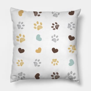 Doodle grey, yellow, turquoise small paw prints with hearts seamless fabric design pattern Pillow