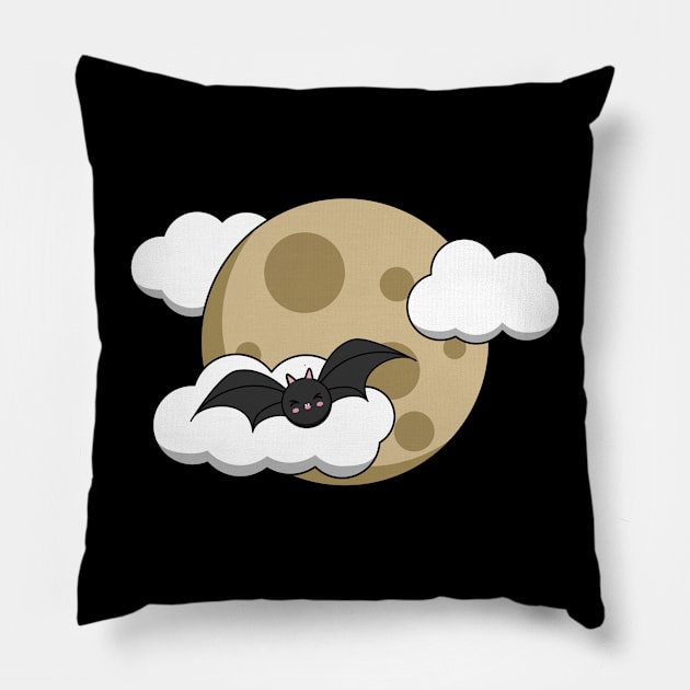 Kawaii Happy Bat Flying on Full Moon Pillow by BirdAtWork