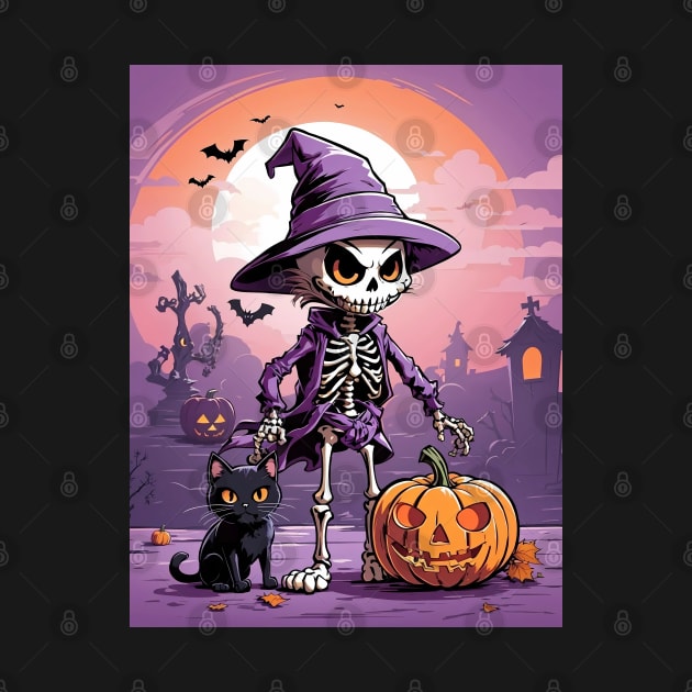 Well dressed Halloween skeleton with cat and pumpkin by BrisaArtPrints