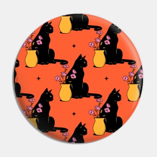 Playful Black Cat Pattern in orange Pin
