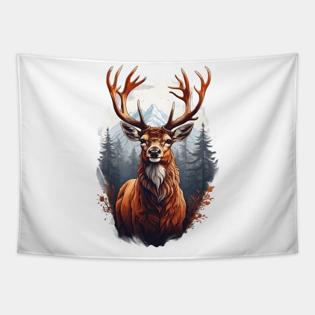 Majestic Red Deer Mountain Landscape Design Tapestry by TF Brands