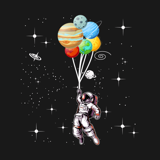 Astronaut holding Planet Balloons Solar System by Wakzs3Arts