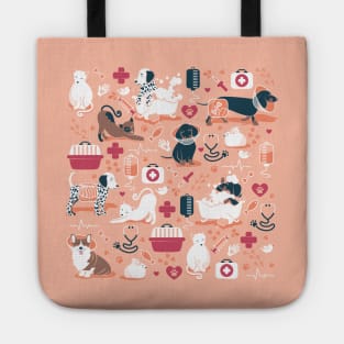 Veterinary medicine, happy and healthy friends // coral background red details navy blue white and brown cats dogs and other animals Tote