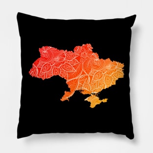 Colorful mandala art map of Ukraine with text in red and orange Pillow