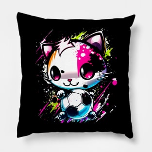 Soccer Cat Kawaii Chibi - Soccer Futball Football - Graphiti Art Graphic Paint Pillow