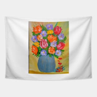 Some lovely roses and carnation flowers. In a metallic turquoise and gold vase Tapestry
