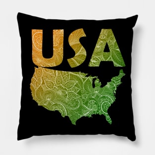 Colorful mandala art map of the United States of America with text in green and orange Pillow