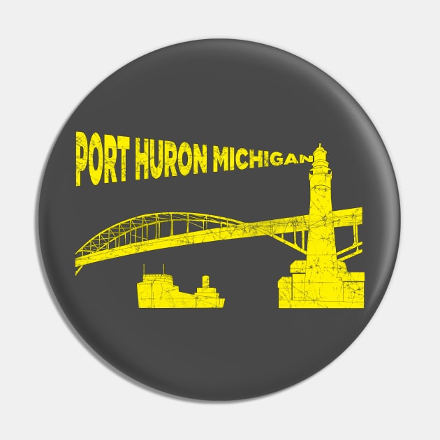 Yellow Port Huron Michigan Lighthouse Bridge Scene Pin by JMG Graphics LLC