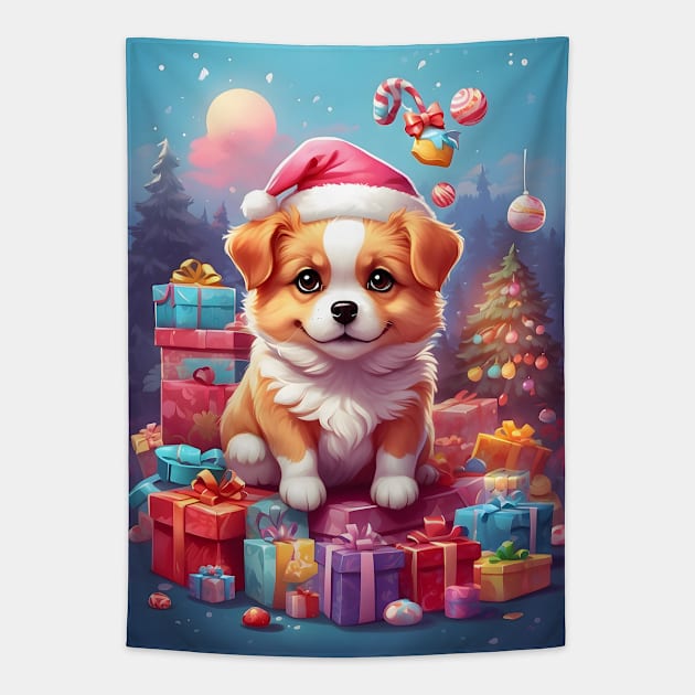 Cute Puppy with Santa Hat and Christmas Gifts Tapestry by Leon Star Shop