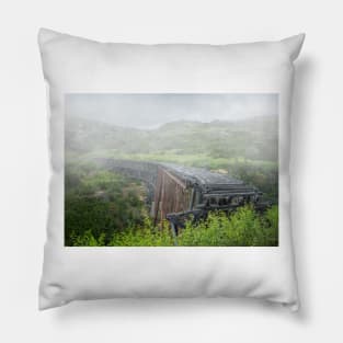 Old Broken Railway Bridge in Foggy Day Pillow