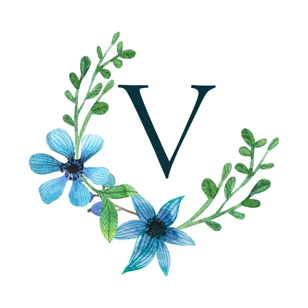 Floral Monogram V Pretty Blue Flowers by floralmonogram