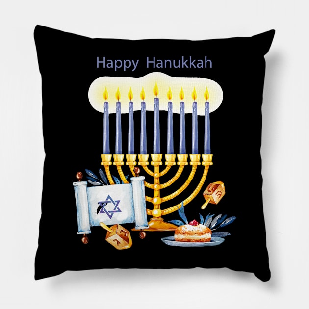 Happy Hanukkah Watercolor Pillow by Mako Design 