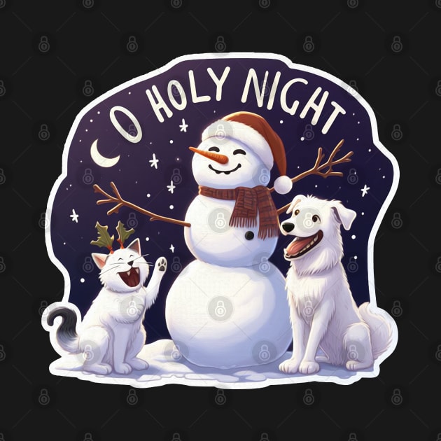 O Holy Night White Cat Dog Snowman by Plushism
