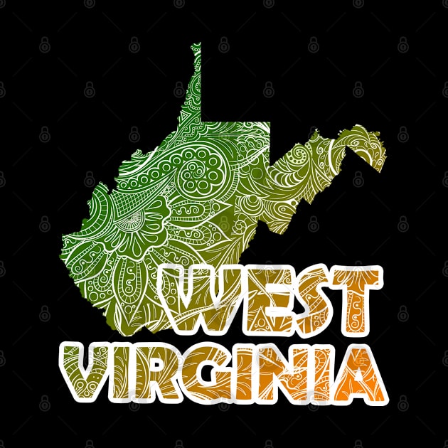 Colorful mandala art map of West Virginia with text in green and orange by Happy Citizen