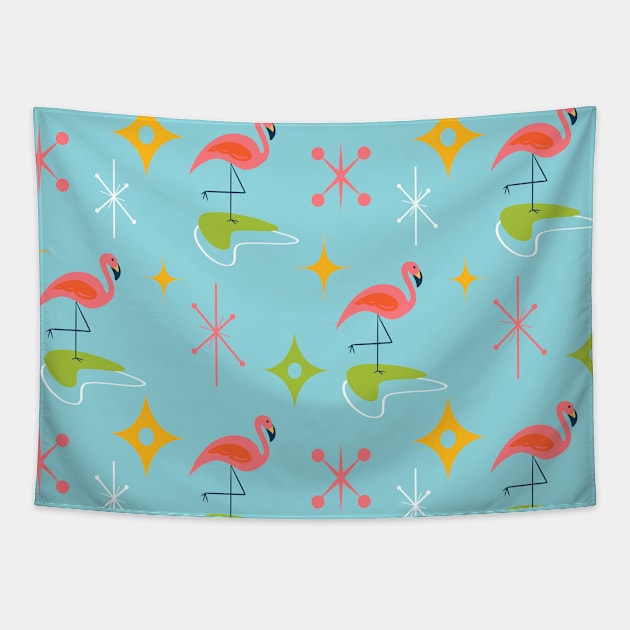 Mid-Century Modern Pink Flamingo with Retro Icons Repeating Pattern Tapestry by ksrogersdesigns