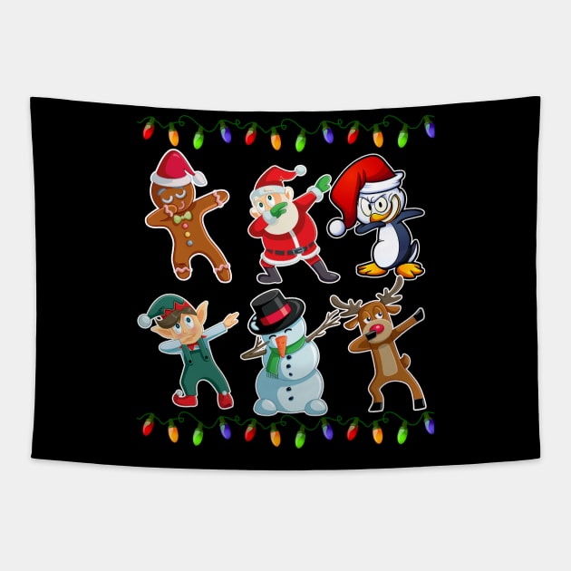 Dabbing Santa Elf Reindeer Gingerbread Penguin Friend Lights Tapestry by johnbbmerch