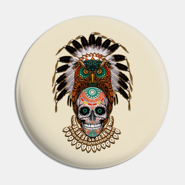 indian native Owl sugar Skull Pin by Dezigner007