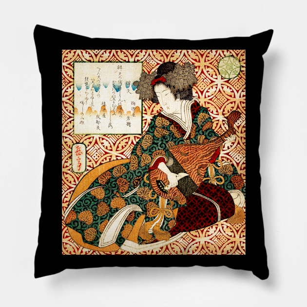 Japanese Woman Playing An Instrument Pillow by rocketshipretro