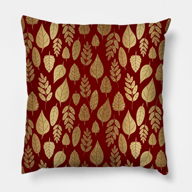 Gold and Red Leaf Pattern Pillow by tanyadraws
