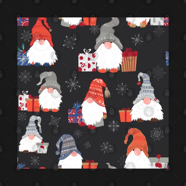 Christmas Gnomes with Snowflakes and Presents on Dark Grey by NattyDesigns