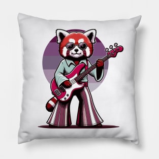 Groovy 70s Bass-Playing Red panda - Colorful Cartoon Vector Art Pillow