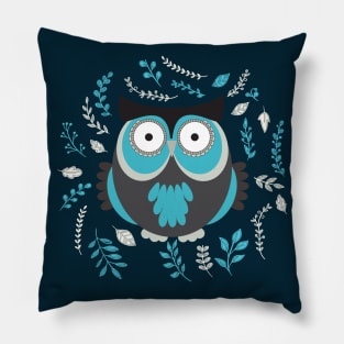 BLUE OWL AND LEAVES Pillow