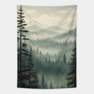 Misty landscape with fir forest Tapestry