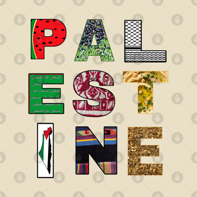 PALESTINE - Palestinian Symbols - Watermelon - Olives - Keffiyeh - Arabic Writing - Palestine Fabric  - Hummus - Palestine Flag Map - Palestinian Fabric - Za'atar - Back by SubversiveWare